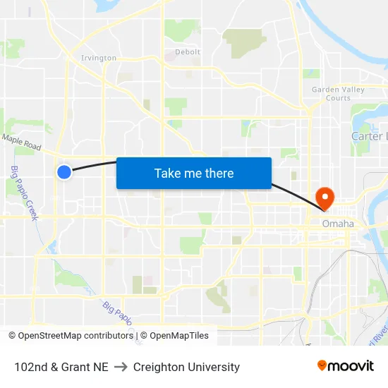 102nd & Grant NE to Creighton University map
