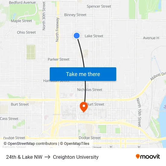 24th & Lake NW to Creighton University map