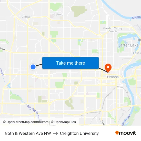 85th & Western Ave NW to Creighton University map