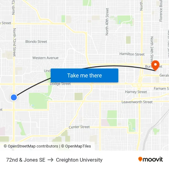 72nd & Jones SE to Creighton University map