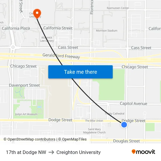 17th at Dodge NW to Creighton University map