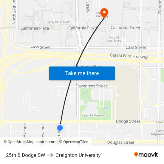 25th & Dodge SW to Creighton University map
