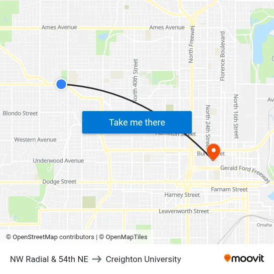 NW Radial & 54th NE to Creighton University map