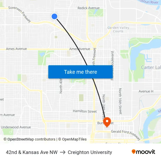 42nd & Kansas Ave NW to Creighton University map