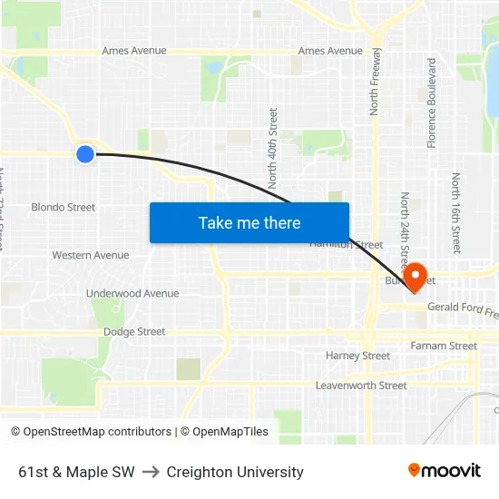 61st & Maple SW to Creighton University map