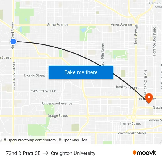72nd & Pratt SE to Creighton University map