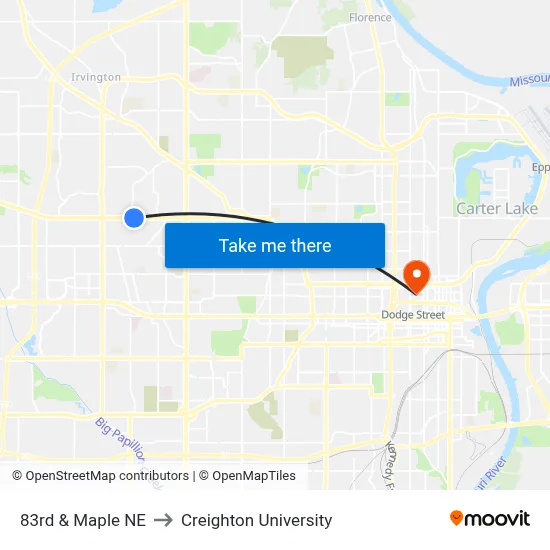 83rd & Maple NE to Creighton University map