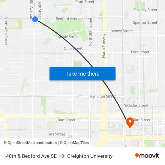 40th & Bedford Ave SE to Creighton University map