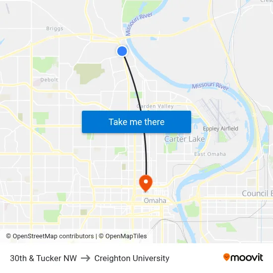 30th & Tucker NW to Creighton University map
