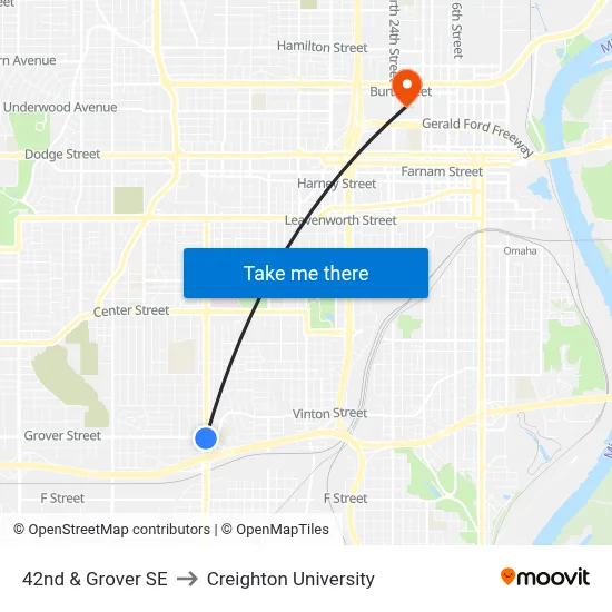 42nd & Grover SE to Creighton University map