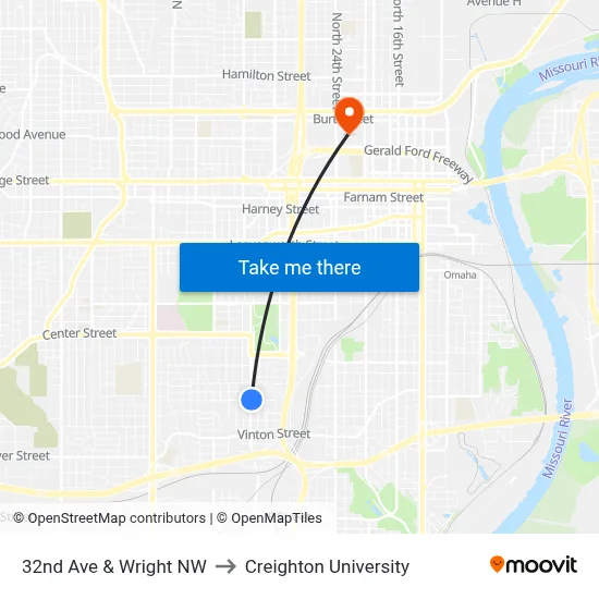 32nd Ave & Wright NW to Creighton University map