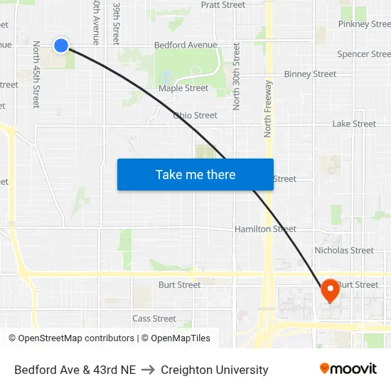 Bedford Ave & 43rd NE to Creighton University map