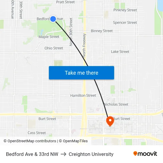 Bedford Ave & 33rd NW to Creighton University map