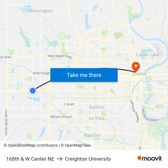 168th & W Center NE to Creighton University map