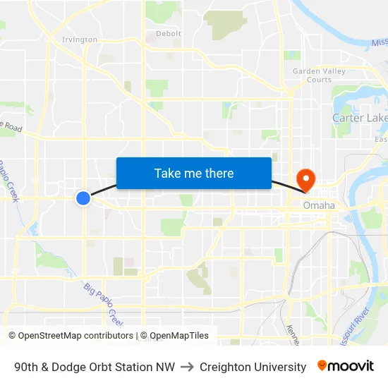 90th & Dodge Orbt Station NW to Creighton University map