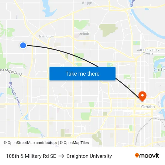 108th & Military Rd SE to Creighton University map