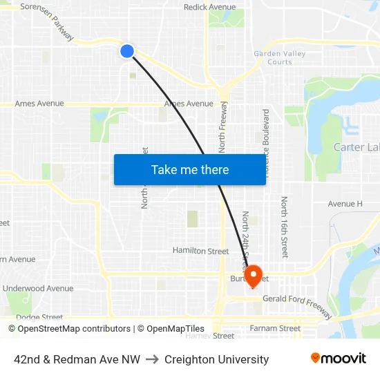 42nd & Redman Ave NW to Creighton University map