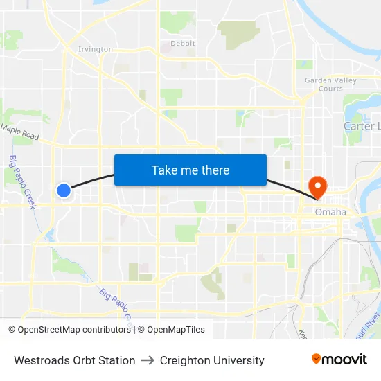 Westroads Orbt Station to Creighton University map