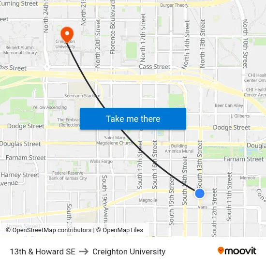13th & Howard SE to Creighton University map