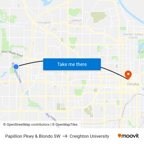 Papillion Pkwy & Blondo SW to Creighton University map