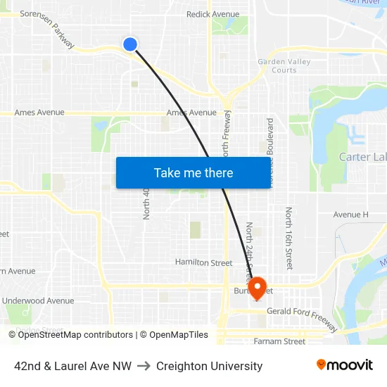 42nd & Laurel Ave NW to Creighton University map