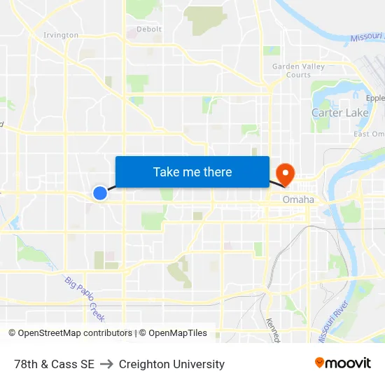 78th & Cass SE to Creighton University map