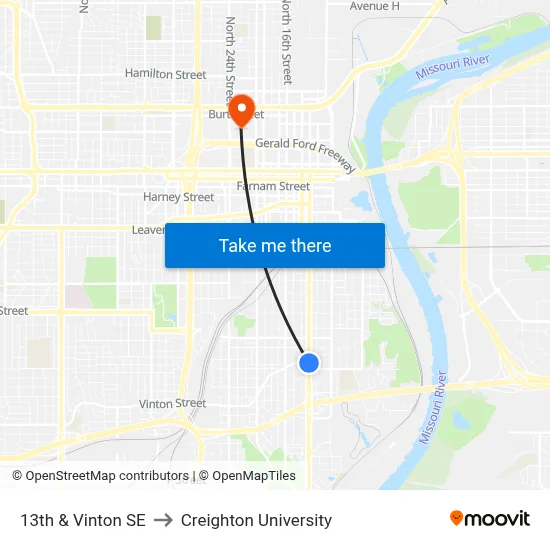 13th & Vinton SE to Creighton University map