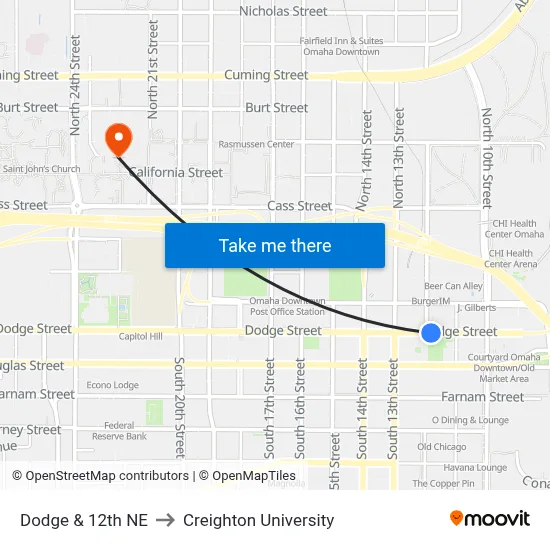 Dodge & 12th NE to Creighton University map