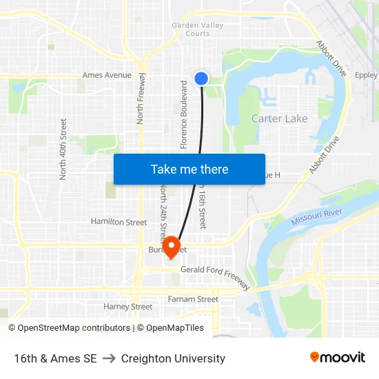 16th & Ames SE to Creighton University map