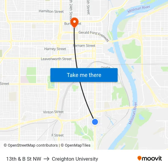 13th & B St NW to Creighton University map