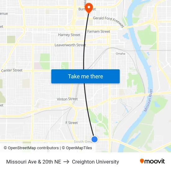 Missouri Ave & 20th NE to Creighton University map