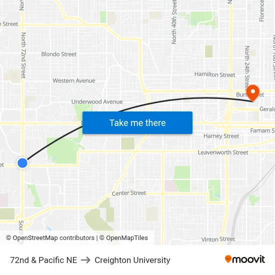 72nd & Pacific NE to Creighton University map