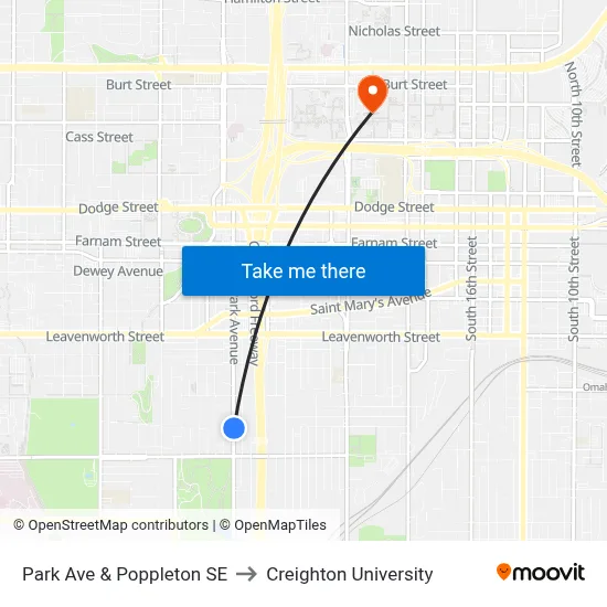 Park Ave & Poppleton SE to Creighton University map
