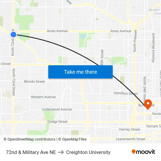72nd & Military Ave NE to Creighton University map