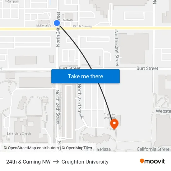 24th & Cuming NW to Creighton University map