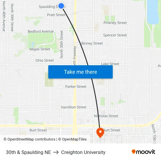 30th & Spaulding NE to Creighton University map