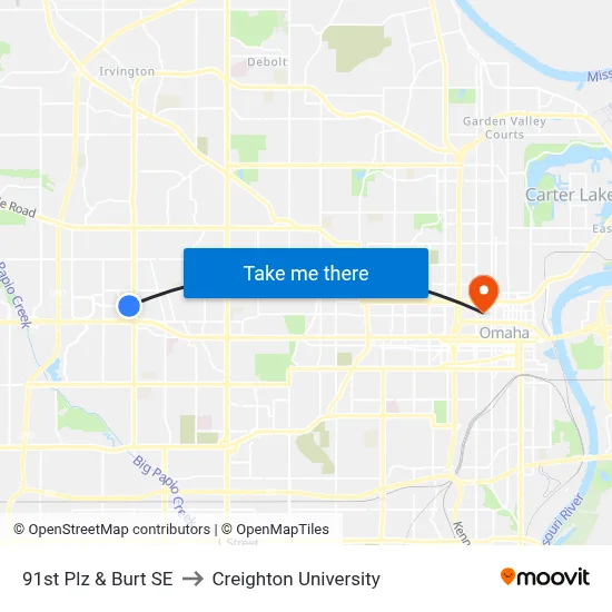 91st Plz & Burt SE to Creighton University map