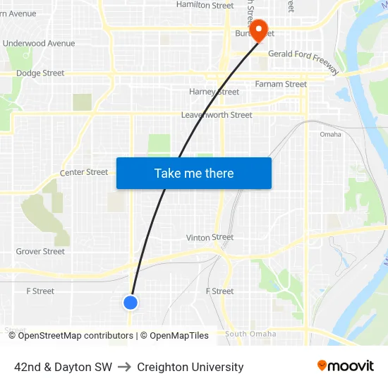 42nd & Dayton SW to Creighton University map