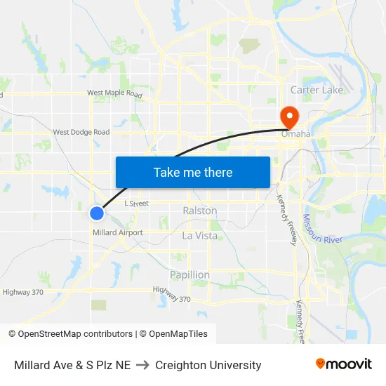 Millard Ave & S Plz NE to Creighton University map