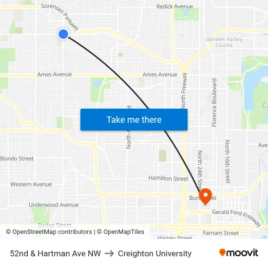 52nd & Hartman Ave NW to Creighton University map