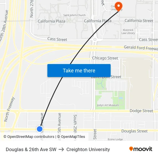 Douglas & 26th Ave SW to Creighton University map