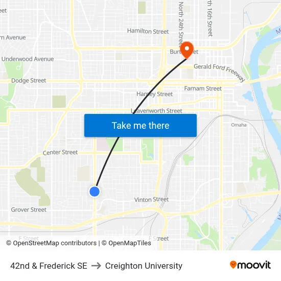 42nd & Frederick SE to Creighton University map