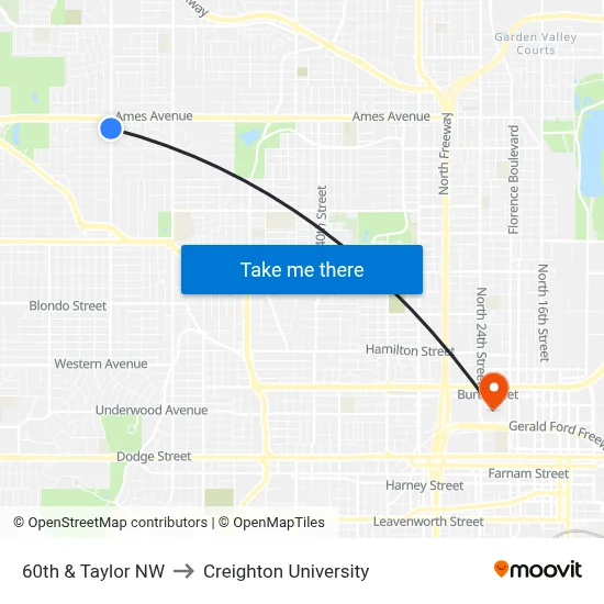 60th & Taylor NW to Creighton University map