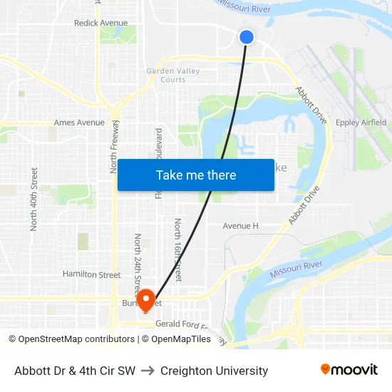 Abbott Dr & 4th Cir SW to Creighton University map