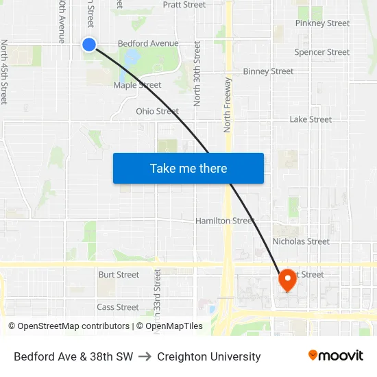 Bedford Ave & 38th SW to Creighton University map