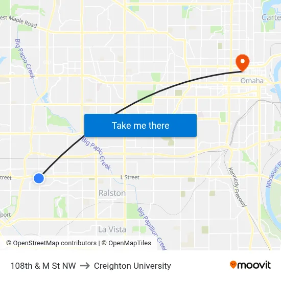 108th & M St NW to Creighton University map