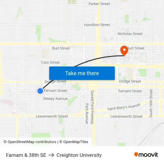 Farnam & 38th SE to Creighton University map