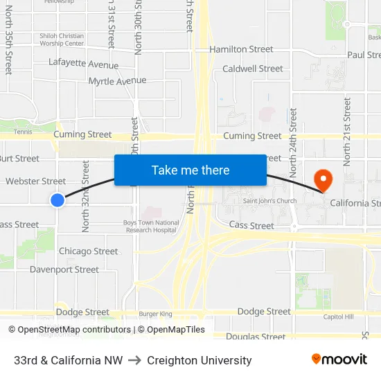 33rd & California NW to Creighton University map