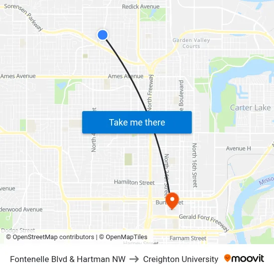 Fontenelle Blvd & Hartman NW to Creighton University map