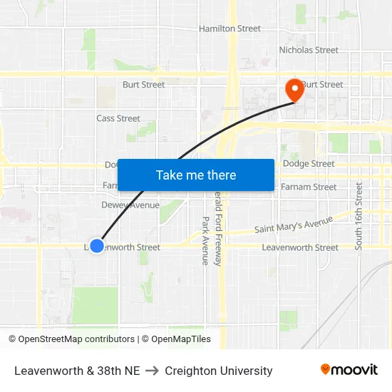 Leavenworth & 38th NE to Creighton University map